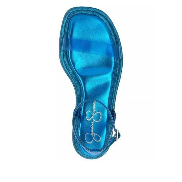Jessica Simpson Blue Metallic & Clear Strap Ankle Sandals With Flat Sole. - Picture 3 of 5